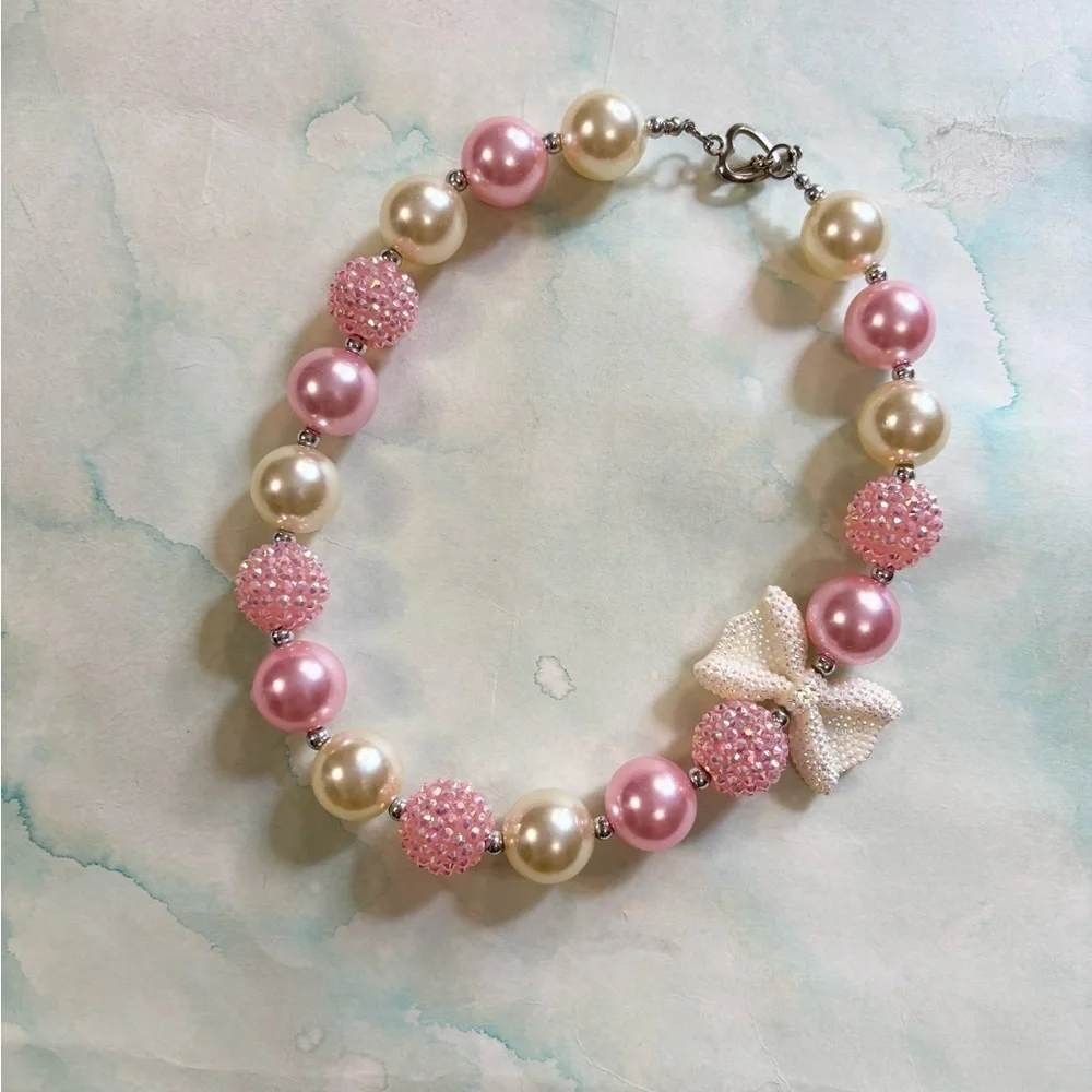 Kids Pearl and Pink Beaded Necklace Earring Set